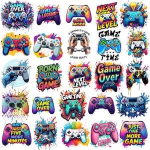 May include: A collection of colorful video game controller designs with text like "Game Over," "Level Up Legend," and "Gamer Mode." The controllers are in various colors, including blue, purple, and pink, with splashes of paint.