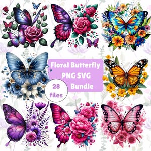 Op de afbeelding: Een verzameling kleurrijke vlinderontwerpen met bloemstukken. De vlinders hebben verschillende vleugelpatronen en kleuren, waaronder blauw, paars, oranje en roze. De afbeelding bevat de tekst "Floral Butterfly PNG SVG Bundle" met "28 bestanden".
