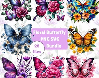 Puede incluir: Una colección de diseños de mariposas coloridas con arreglos florales. Las mariposas presentan varios patrones y colores de alas, incluyendo azul, morado, naranja y rosa. La imagen incluye el texto "Floral Butterfly PNG SVG Bundle" con "28 archivos".
