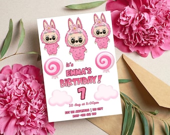 Editable Labubu Birthday Invitation, Canva Template (Digital Download)