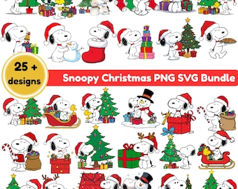 Clipart navideño de Snoopy, paquete de 30 imágenes PNG y SVG de perros de dibujos animados (descarga digital)