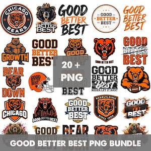 Puede incluir: Una colección de diseños gráficos con ilustraciones de osos y texto. Los diseños incluyen las palabras "Good, Better, Best" y "Chicago Bears". Las imágenes son en naranja, negro y blanco, adecuadas para proyectos deportivos.