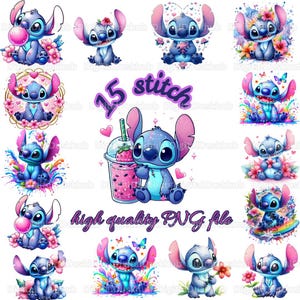 Puede incluir: Una colección de ilustraciones digitales coloridas con el personaje Stitch de Lilo & Stitch. Las imágenes muestran a Stitch en varias poses, rodeado de flores, mariposas y sosteniendo una bebida. También está presente el texto "15 stitch" y "high quality PNG file".