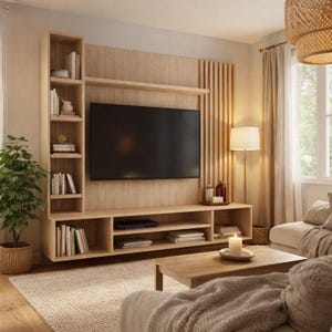 May include: A light wood entertainment center with a large black television, shelves, and storage. The unit is part of a living room set, with a coffee table, rug, and sofa. A floor lamp and a plant in a woven basket are also visible.