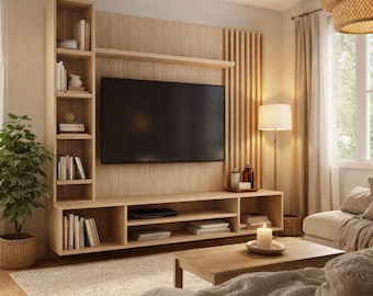 May include: A light wood entertainment center with a large black television, shelves, and storage. The unit is part of a living room set, with a coffee table, rug, and sofa. A floor lamp and a plant in a woven basket are also visible.
