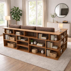 May include: A modern, light brown wooden sofa with built-in bookshelves. The sofa has a brown cushioned back and is filled with books, decorative vases, and woven baskets. The sofa sits on a light-colored rug in a well-lit room.