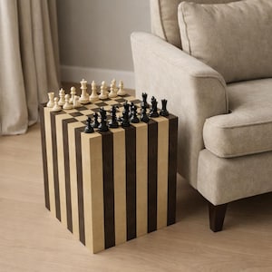 May include: A decorative chess table with a striped design in brown and beige. The chess board is set up with black and white chess pieces. The table is square and sits next to a beige armchair.