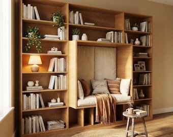 May include: A large light wood bookshelf unit featuring an integrated central reading nook with a cushioned bench, multiple shelves filled with books, decorative plants, a small lamp, and a round wooden stool placed on a circular jute rug.