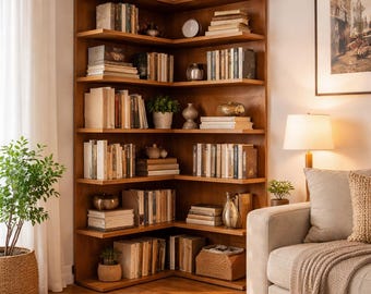 May include: A wooden corner bookshelf filled with books, decorative vases, and small potted plants. A woven basket sits on the top shelf. The bookshelf is in a living room with a beige sofa, rug, and a floor lamp.