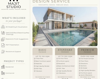May include: A Majit Studio architecture design service flyer featuring a modern house with a pool. The text outlines packages including 3D modeling, CAD drawings, and material suggestions for residential, commercial, villa, and renovation projects.