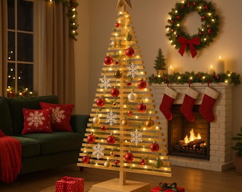 May include: A conical wooden Christmas tree constructed from horizontal slats, topped with a gold star. The tree is decorated with red and gold spherical ornaments, white snowflake cutouts, and warm string lights, standing on a square base.