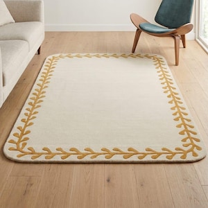 Cream Botanical Rug, Mustard Leaf Border, Hand Tufted Carpet, Minimalist Area Rug, Scandi Living Room, Rounded Edge Mat, Custom Size