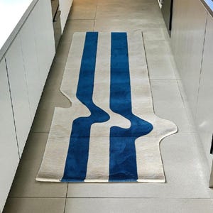 Modern Abstract Hand-Tufted Rug | Blue & Beige Geometric Carpet | Contemporary Irregular Shaped Rug | Custom Wool Rug for Living Room  Hall