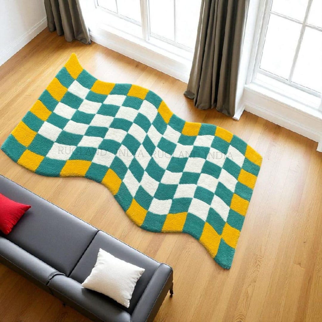 Tufted Check Rug Hand Tufted Wool Rug: Wavy Checkered Geometric Carpet - Etsy