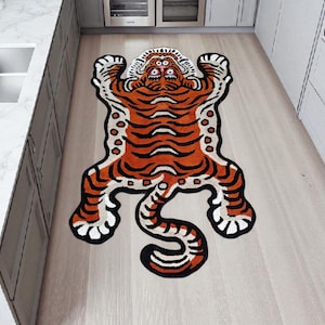Hand-Tufted Wool Tiger Rug – Tibetan Style Animal Shaped Carpet – Soft Boho Floor Decor – Unique Jungle Nursery or Kids Room Rug.