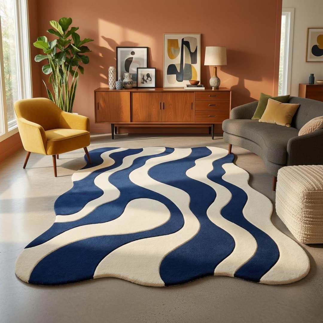 Wavy Hand Tufted Rug | Modern Abstract Area Rug | Blue & Cream Sculpted ...
