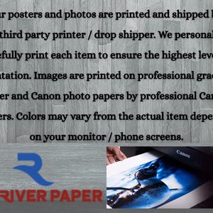 May include: A Canon printer is shown printing an image. The text indicates that posters and photos are printed on Red River and Canon photo papers. The Red River Paper logo is also visible.