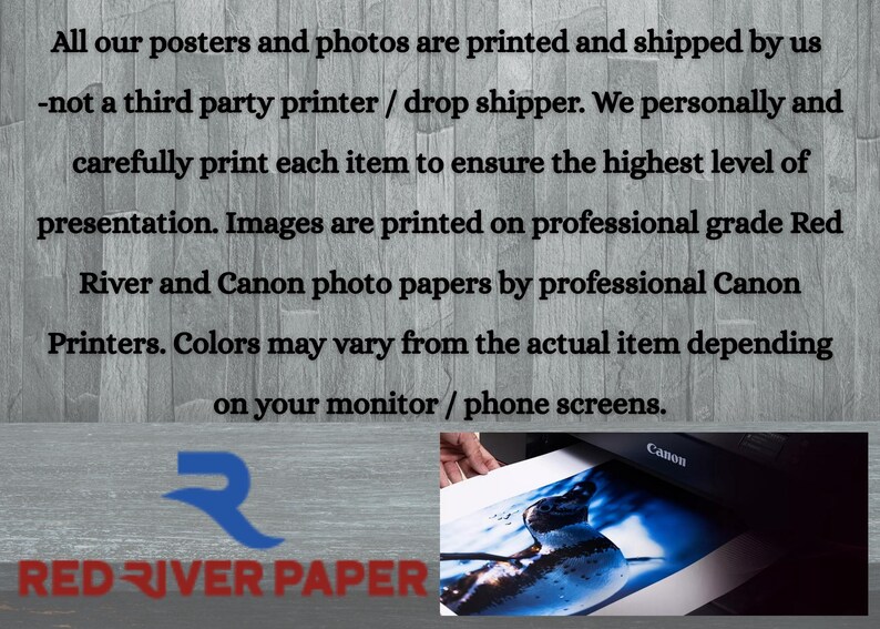 May include: A Canon printer is shown printing an image. The text indicates that posters and photos are printed on Red River and Canon photo papers. The Red River Paper logo is also visible.
