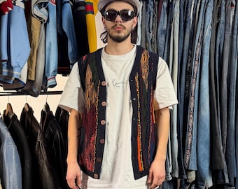 Chaleco vintage COOGI de punto texturizado de los 90 con botones multicolores, estilo hip hop unisex