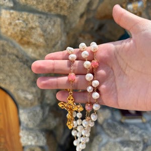 Handmade Freshwater Pearl Rosary | Elegant Catholic Holy Rosary with Pink and Gold Accents