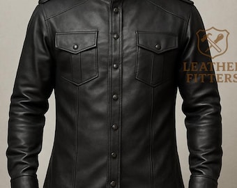 May include: Black leather shirt with a mandarin collar, two chest pockets, and button-down front. The shirt has epaulets on the shoulders and is a classic, stylish design. The shirt is a versatile piece of apparel.