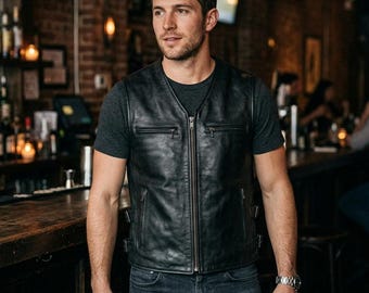 Handmade Men Leather Vest Black Cowhide Zip Front Biker Waistcoat Slim Fit Side Buckle Multi Pocket Moto Vest For Men, Black Leather Vest