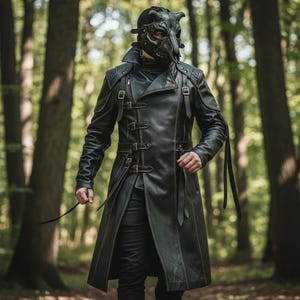 Handmade Mens Leather Trench Coat Gothic Steampunk Long Jacket Ren Fair Black Leather Jacket Tailored Fit LARP Cosplay Coat Men Long Coat image 1