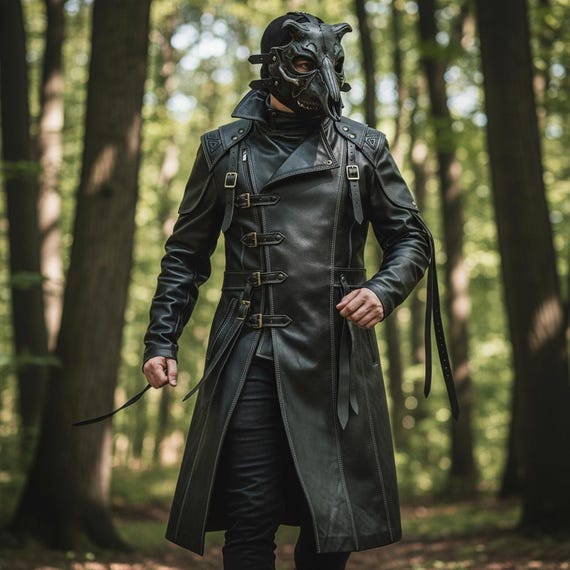 Handmade Mens Leather Trench Coat Gothic Steampunk Long Jacket Ren Fair Black Leather Jacket Tailored Fit LARP Cosplay Coat Men Long Coat