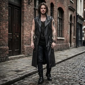May include: A long black sleeveless leather vest featuring a notched lapel, a front zipper closure, and side buckle straps. The vest is worn over a black mesh tank top, paired with black trousers and black leather boots, creating a layered outfit.