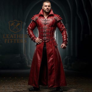 Men&#39;s Genuine Red Leather Gothic Trench Coat, Long Steampunk Vampire Jacket, Cosplay Costume, Rocker Fashion