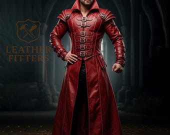 Men's Genuine Red Leather Gothic Trench Coat, Long Steampunk Vampire Jacket, Cosplay Costume, Rocker Fashion