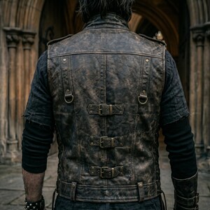 May include: A brown leather vest with multiple buckles and D-rings. The vest has a distressed appearance, with visible stitching and a worn texture. The person is wearing a black long-sleeved shirt underneath. The vest is a stylish piece of apparel.