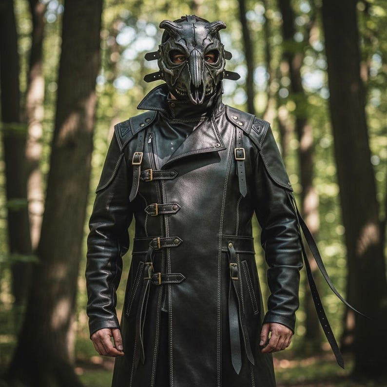 Handmade Mens Leather Trench Coat Gothic Steampunk Long Jacket Ren Fair Black Leather Jacket Tailored Fit LARP Cosplay Coat Men Long Coat image 4