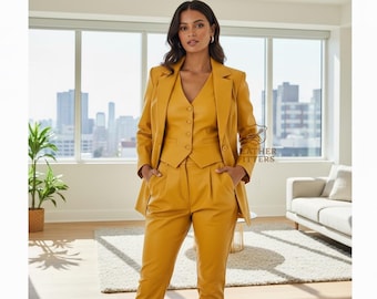 Handmade Mustard Yellow Leather Suit for Women | Genuine Leather Blazer Vest & Pants Set | Custom Tailored Power Outfit