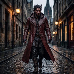 May include: A person with dark hair and small horns wearing a long, dark red leather trench coat with a hood, a black shirt with multiple buckles, black leather trousers, and dark brown buckled boots, standing on a wet cobblestone street.