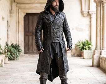Hand-Stitched Men's Distressed Black Leather Hooded Trench Coat | Steampunk Assassin Duster | Fantasy LARP Overcoat | Medieval Cosplay Armor