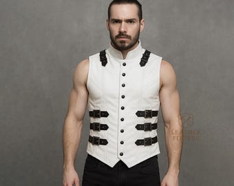 Handmade White Leather Buckle Vest for Men | Steampunk Festival Costume | LARP Cosplay Harness Vest | Sleeveless Punk Biker Vest