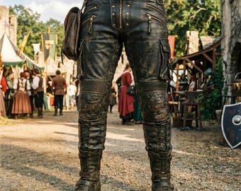 Handmade Mens Leather Pants Medieval Cowhide Cargo Trousers Gothic Steampunk LARP Biker Quilted Armor Pants, Black Leather Pants Men