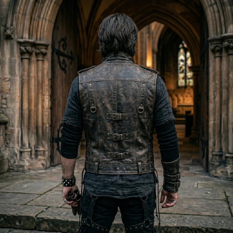 May include: A brown leather vest with multiple buckles and straps. The vest has a distressed, vintage appearance. The person is wearing a black long-sleeved shirt and black pants. The background is a stone archway.