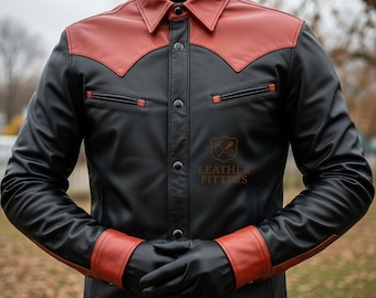 May include: A black leather shirt with red accents on the collar, shoulders, and cuffs. The shirt has a button-up front, two chest pockets, and a logo on the lower right. The sleeves are long, and the person is wearing black gloves.