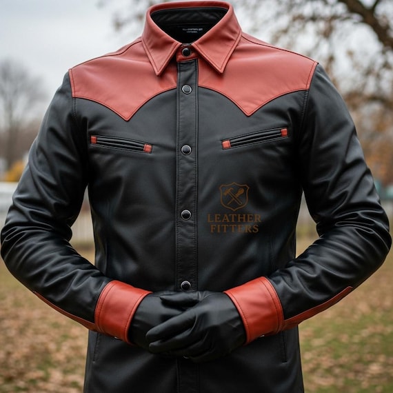 Handmade Men’s Genuine Leather Shirt | Custom Black & Red Western Style | Tailored Cowboy Outfit | Personalized Biker Streetwear