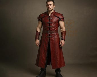 Red Leather Warrior Armor Vest for Men | Medieval LARP Cosplay Costume | Fantasy Shoulder Plate Vest | Renaissance Festival Outfit