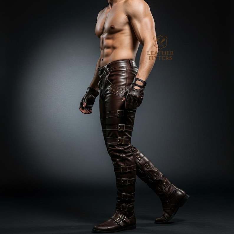 May include: Brown leather pants with multiple buckle straps and matching boots. The pants have a fitted design and are paired with fingerless gloves. The image is set against a dark background.