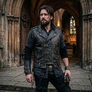 May include: A distressed brown leather vest with multiple buckles and a skull belt buckle. The vest is layered over a black shirt and paired with black pants. The image captures a gothic or biker aesthetic.