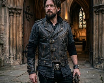 Handmade Mens Leather Vest Black Cowhide Buckle Front Studded Shoulder Lace Up Biker Waistcoat Leather Vest For Men Outfit Gothic Vest Men