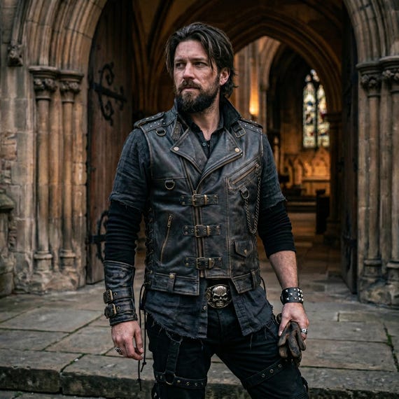 Handmade Mens Leather Vest Black Cowhide Buckle Front Studded Shoulder Lace Up Biker Waistcoat Leather Vest For Men Outfit Gothic Vest Men