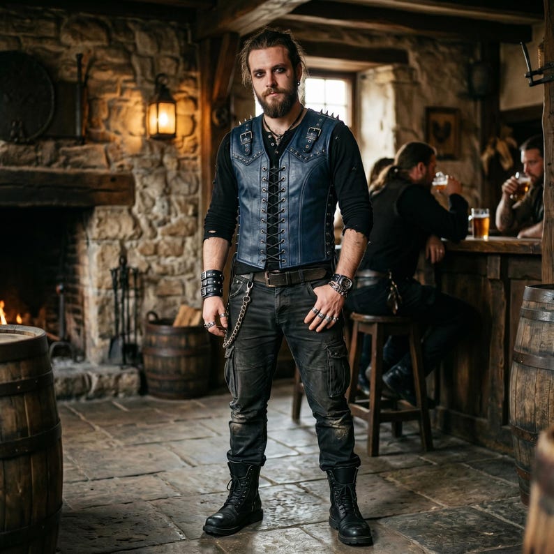May include: A person wearing a blue leather vest with silver studs, black long-sleeve shirt, and black cargo pants. The vest has a lace-up front. The person is wearing black boots, a watch, and multiple rings. The background shows a bar setting.