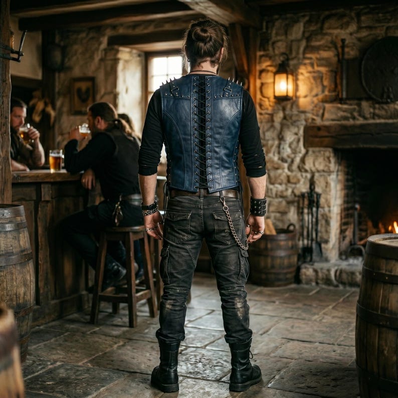 May include: A person wearing a blue leather vest with silver spikes, black long-sleeve shirt, and distressed black cargo pants. The vest has a lace-up back. The person is standing in a rustic bar setting with stone walls and a fireplace.