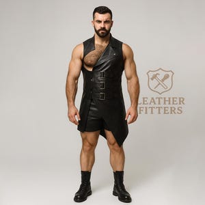 Asymmetrical Long Buckled Leather Vest with Matching Shorts | Gothic Tailcoat Vest Set | Handmade Genuine Leather Outfit