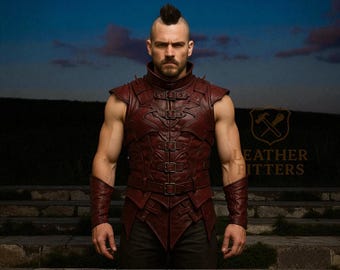 Brown Leather Gladiator Tunic for Men – Handmade Medieval Fantasy Vest with Shoulder Layers | LARP, Cosplay, Renaissance Fair Outfit